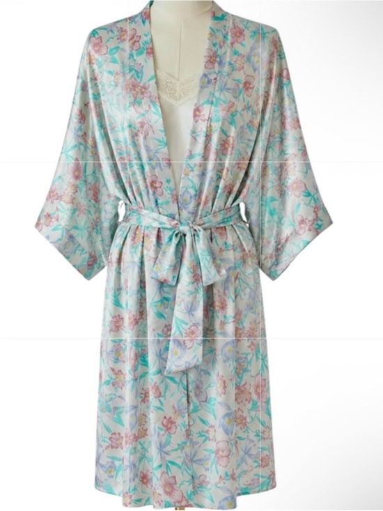 Silvercord Other - Vintage Pastel Botanical Satin Kimono Robe Cottagecore Whimsy Romantic Bridal OS